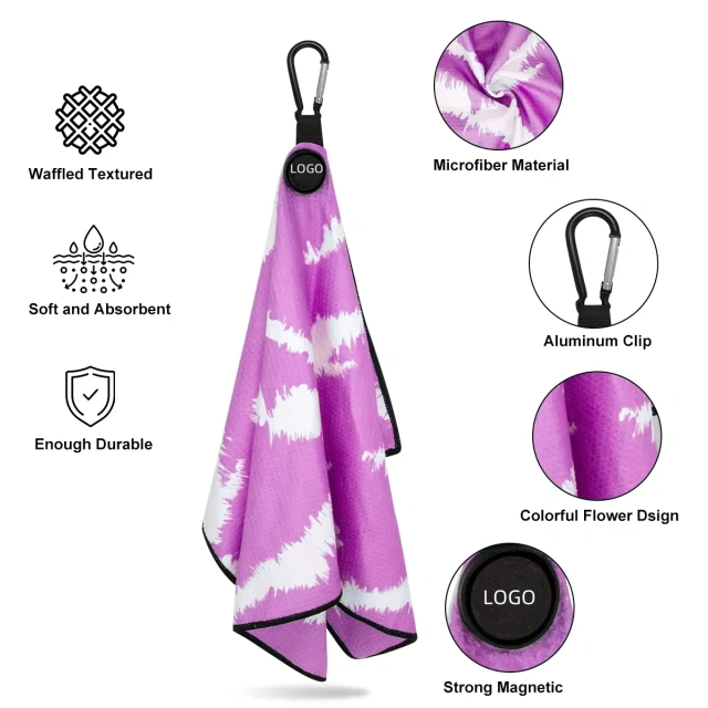 Wholesale Custom Logo Printed Golf Waffle Towels With Hook and Pocket Microfiber Weave Golf Towel