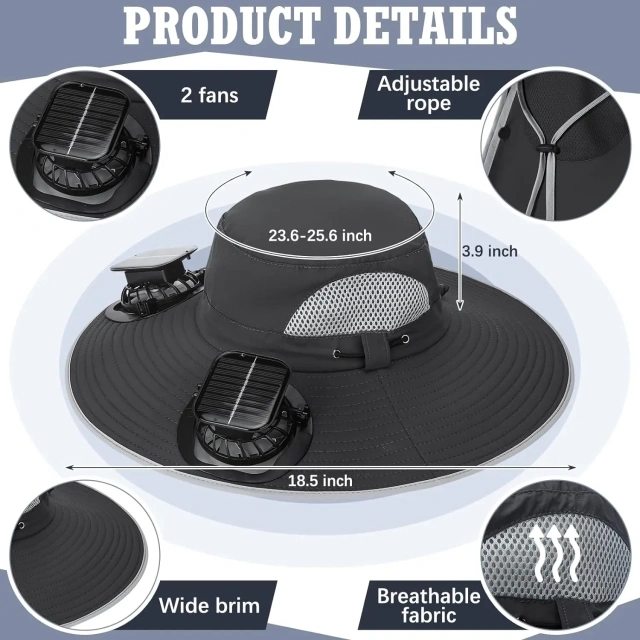 2024 Hot sale Fishing Hat with Fan Wide Brim Solar Fans Outdoor Breathable Fishing Hat 3 Speeds Fast Drying Sun for Men