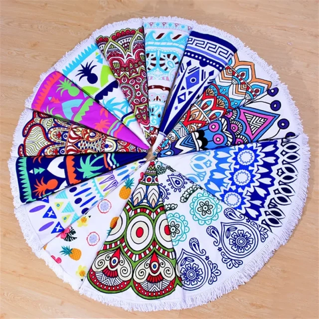 Custom Best Selling Cheap Large High Quality Softest Wholesale Custom Microfiber Round Beach Towel and Bag with Tassel