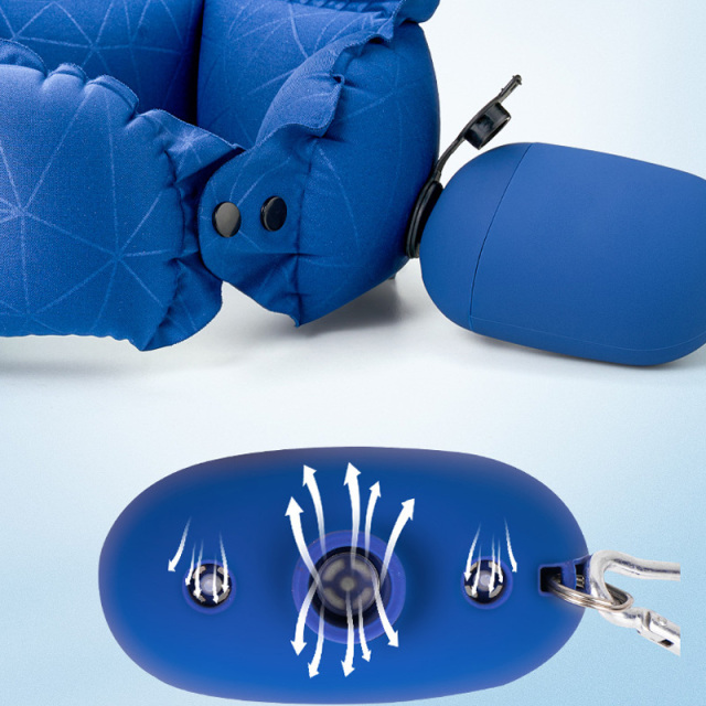 収納と膨らませに便利なシリコンポーチ付きのポータブルインフレータブルU字型トラベルネックピロー