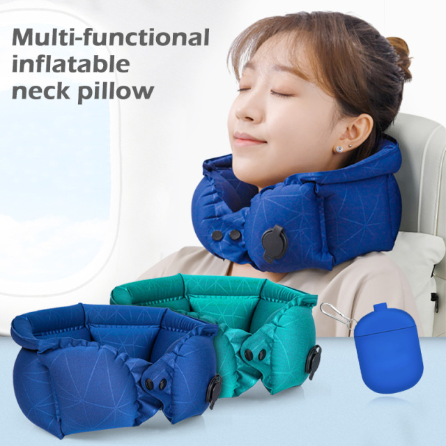 収納と膨らませに便利なシリコンポーチ付きのポータブルインフレータブルU字型トラベルネックピロー
