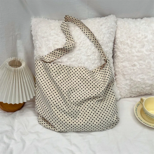 Large Capacity Casual Handbag Dot Tote Bag Canvas Shoulder Handbags Cute Carry Collapsible Shopping Bag