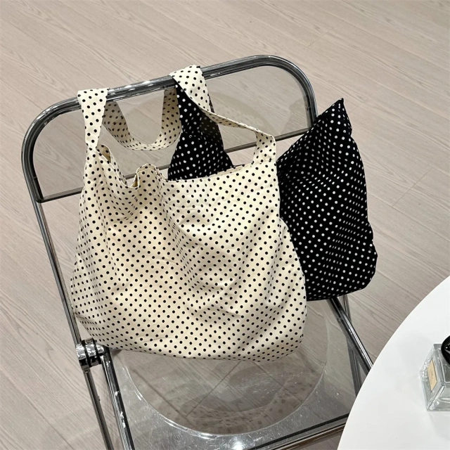 Large Capacity Casual Handbag Dot Tote Bag Canvas Shoulder Handbags Cute Carry Collapsible Shopping Bag