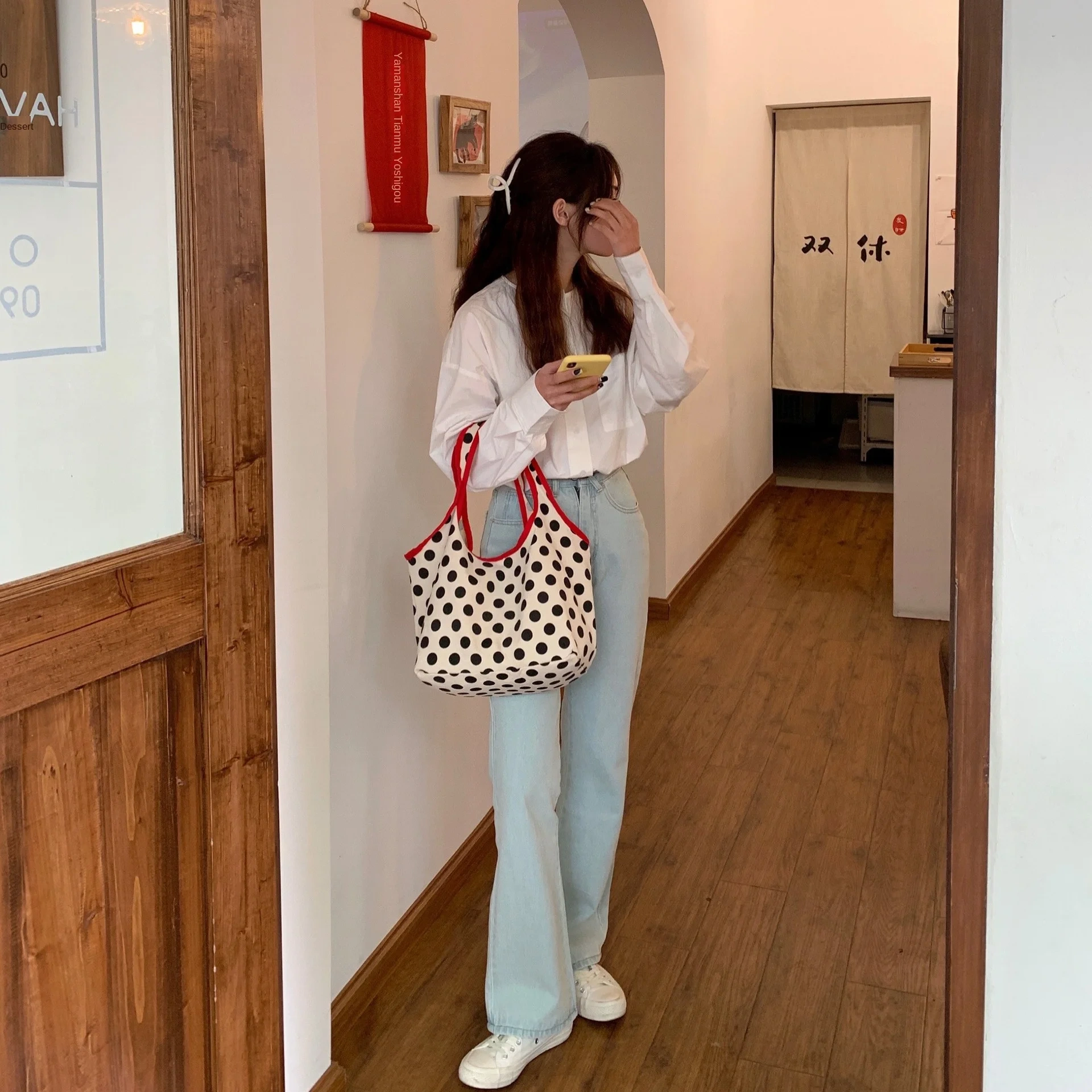 2024 Japanese Style Canvas Shopping Bag Fashionable Dot Casual Shoulder Handbag Outdoor Canvas Shopping Bag