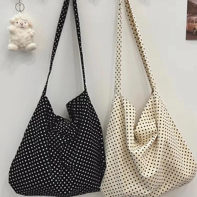 Large Capacity Casual Handbag Dot Tote Bag Canvas Shoulder Handbags Cute Carry Collapsible Shopping Bag