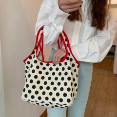 2024 Japanese Style Canvas Shopping Bag Fashionable Dot Casual Shoulder Handbag Outdoor Canvas Shopping Bag