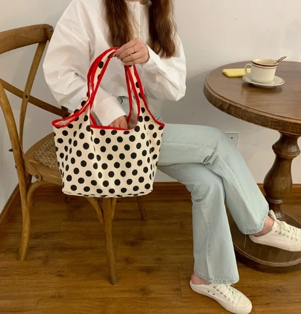 2024 Japanese Style Canvas Shopping Bag Fashionable Dot Casual Shoulder Handbag Outdoor Canvas Shopping Bag