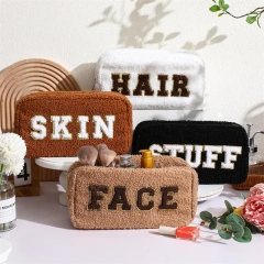 Soft Teddy Zipper Makeup Bag Custom Sherpa Velvet embroidery Pouch Women Fluffy organizer Cosmetic Bag