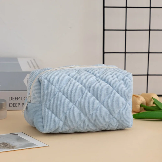New Design Custom High-capacity Lattice Corduroy Travel Toiletries Cosmetic Bag