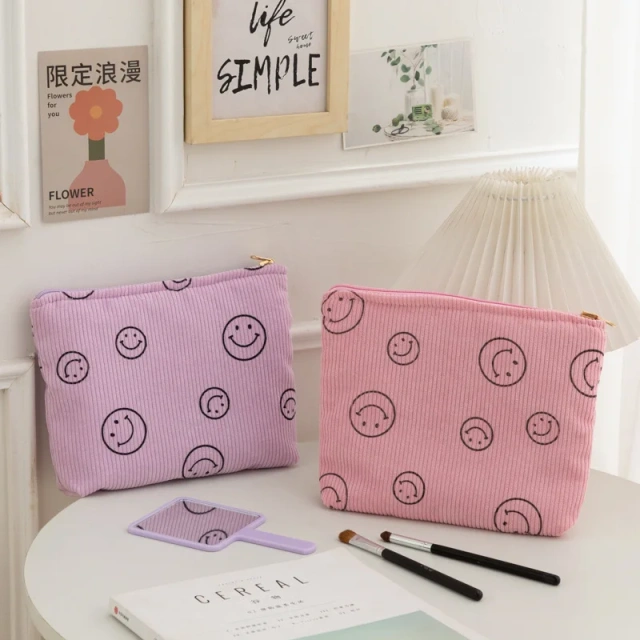 Wholesale Bags MakeUps Bag Smile Corduroy Large Double-faced Cosmetic Bag