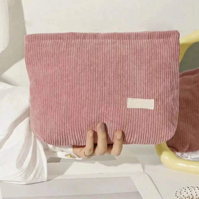 Hot Corduroy Fabric Makeup Bag Large Custom Travel Cosmetic Pouch Zipper Fashionable Beauty Case Makeup