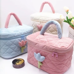 Custom Blue Floral Zipper Corduroy Two-Piece Set Quilted Fashionable Travel Essentials Cosmetic Bags for Makeup Use