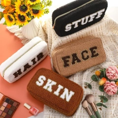 Soft Teddy Zipper Makeup Bag Custom Sherpa Velvet embroidery Pouch Women Fluffy organizer Cosmetic Bag