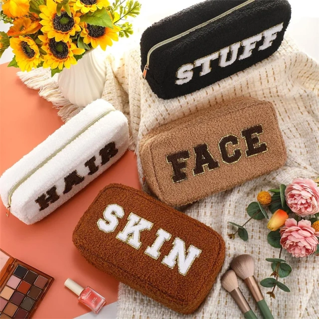 Soft Teddy Zipper Makeup Bag Custom Sherpa Velvet embroidery Pouch Women Fluffy organizer Cosmetic Bag