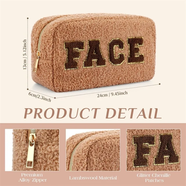 Soft Teddy Zipper Makeup Bag Custom Sherpa Velvet embroidery Pouch Women Fluffy organizer Cosmetic Bag