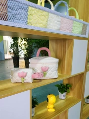 Custom Blue Floral Zipper Corduroy Two-Piece Set Quilted Fashionable Travel Essentials Cosmetic Bags for Makeup Use