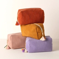Women Gift Travel Makeup Zip Pouch Toiletry Bag Corduroy Tassels Custom Cosmetic Bag