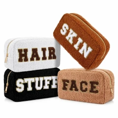 Soft Teddy Zipper Makeup Bag Custom Sherpa Velvet embroidery Pouch Women Fluffy organizer Cosmetic Bag