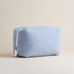 Summer Fluffy Makeup Bags Soft Beautiful Girls Blue Folding Teddy Cosmetic Pouch for Gift