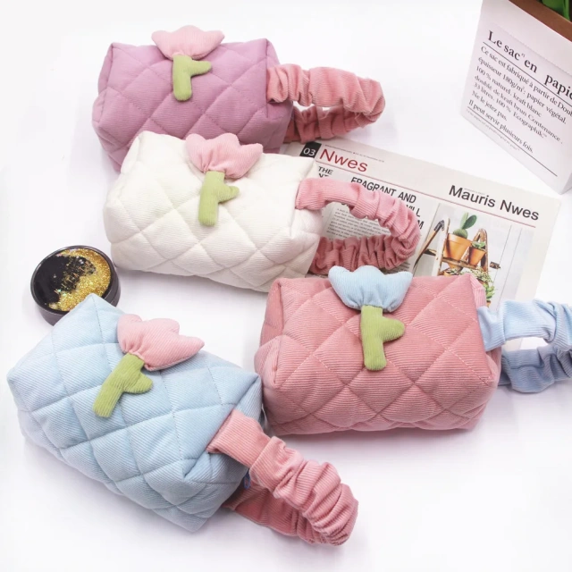 Custom Blue Floral Zipper Corduroy Two-Piece Set Quilted Fashionable Travel Essentials Cosmetic Bags for Makeup Use