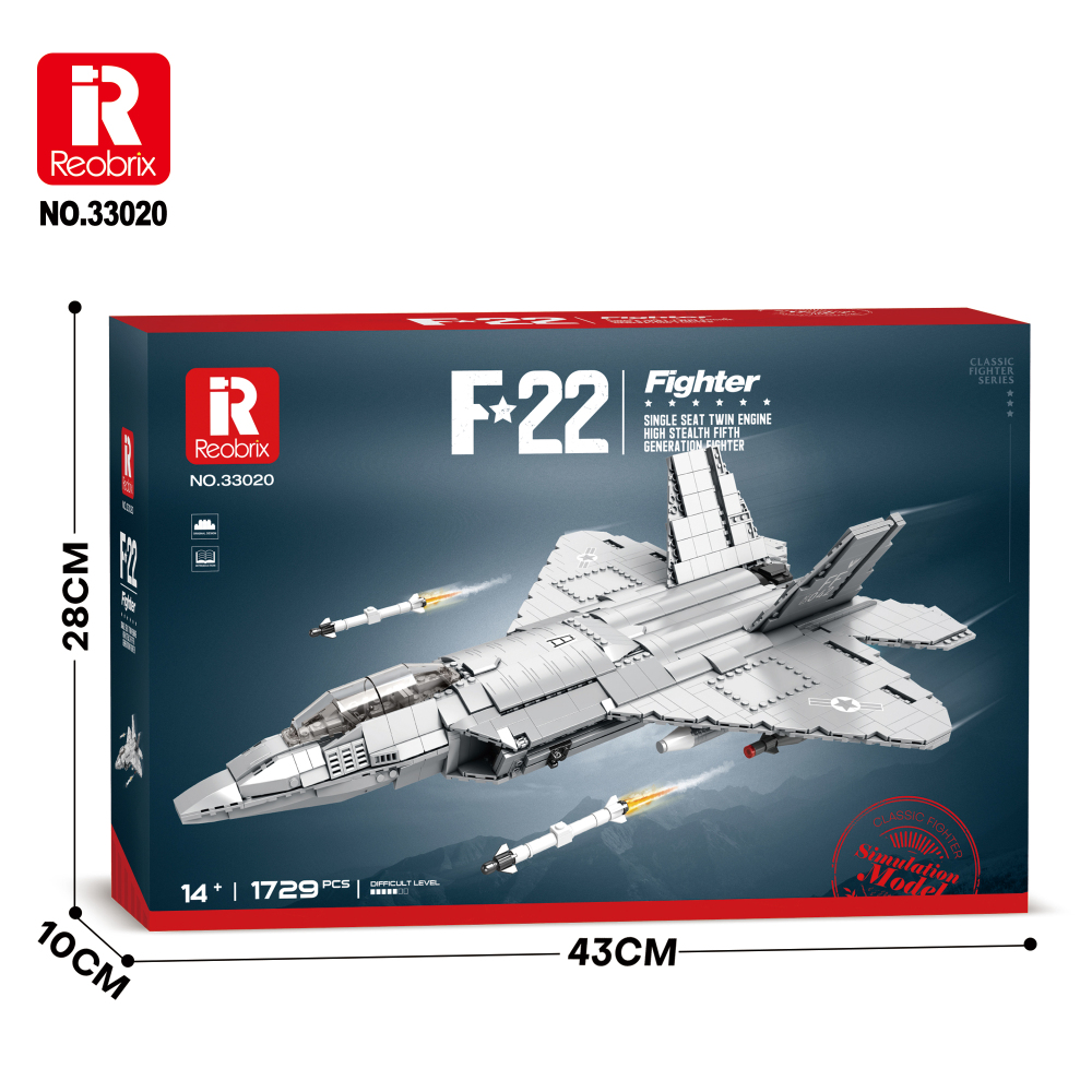 A reobrix Military F-22 Raptor Fighte building block box package, box height 28cm, length 43cm, width 10cm