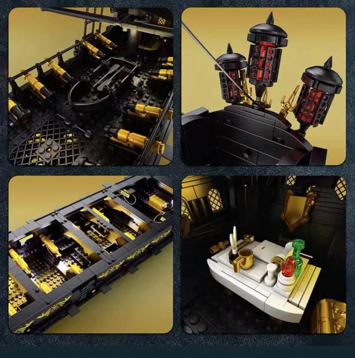 The resplendent decorations on the Reobrix 66036 Black Pearl ship.