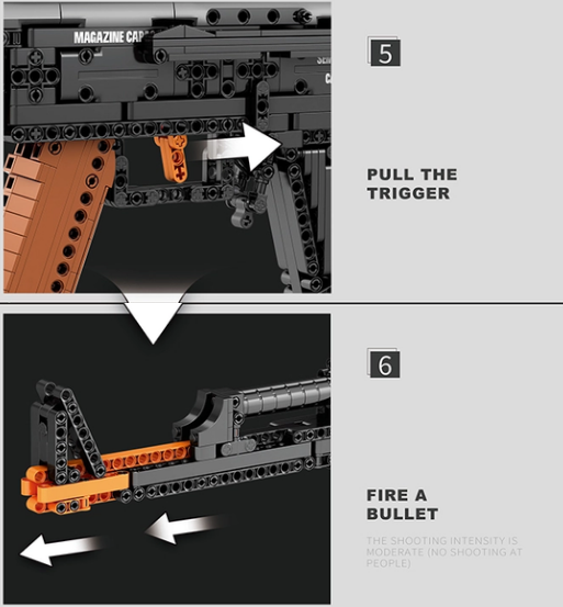 Steps 5 and 6 of the assembly process for the AK-47 Assault Rifle firing bullet.