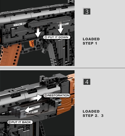 Steps 3 and 4 of the assembly process for the AK-47 Assault Rifle firing bullet.