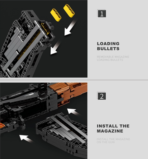 Steps 1 and 2 of the assembly process for the AK-47 Assault Rifle firing bullet.
