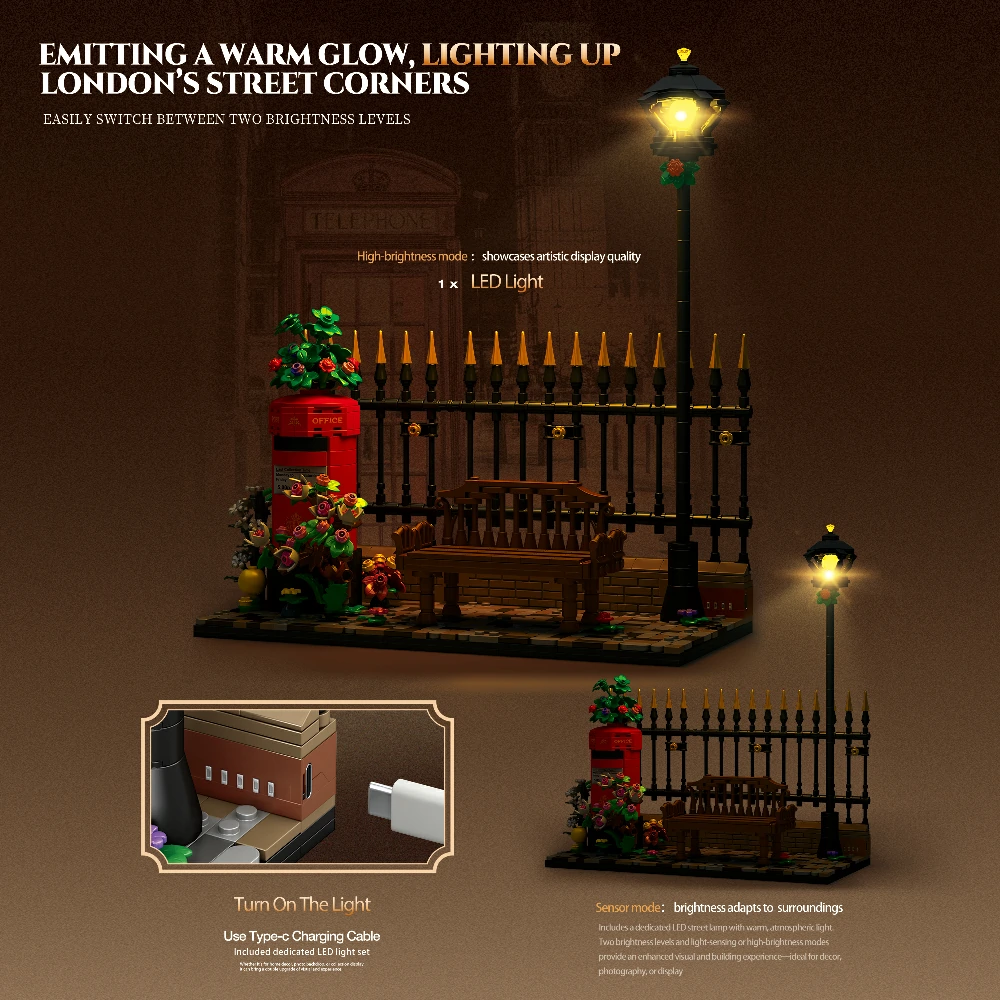 The LED lights on the Reobrix 66610 long bench have an automatic mode and a constant-on mode.