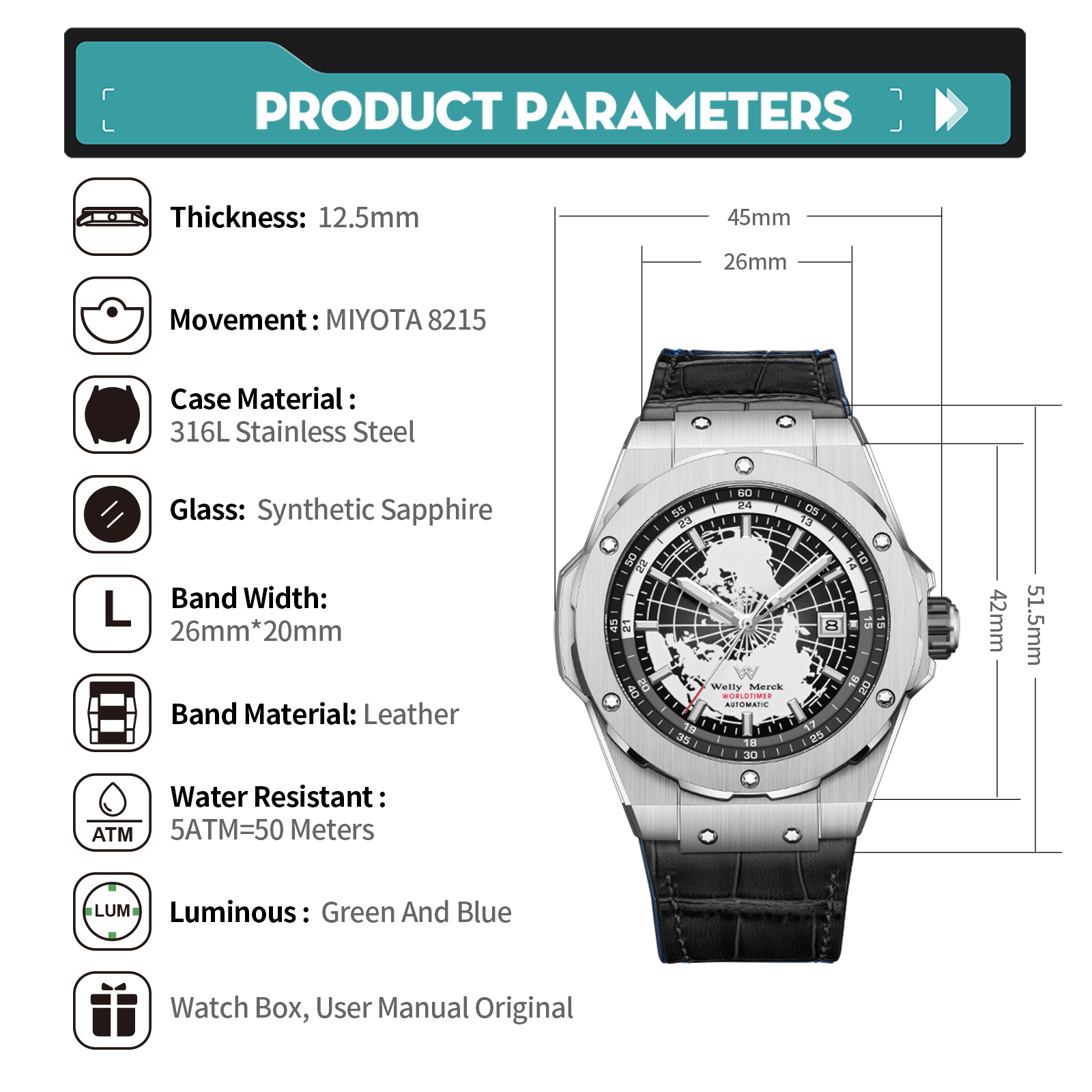 WM124 High Quality End Luxury Men Watches reloj hombre Business Automatic Mechanical Wrist Watches For Man