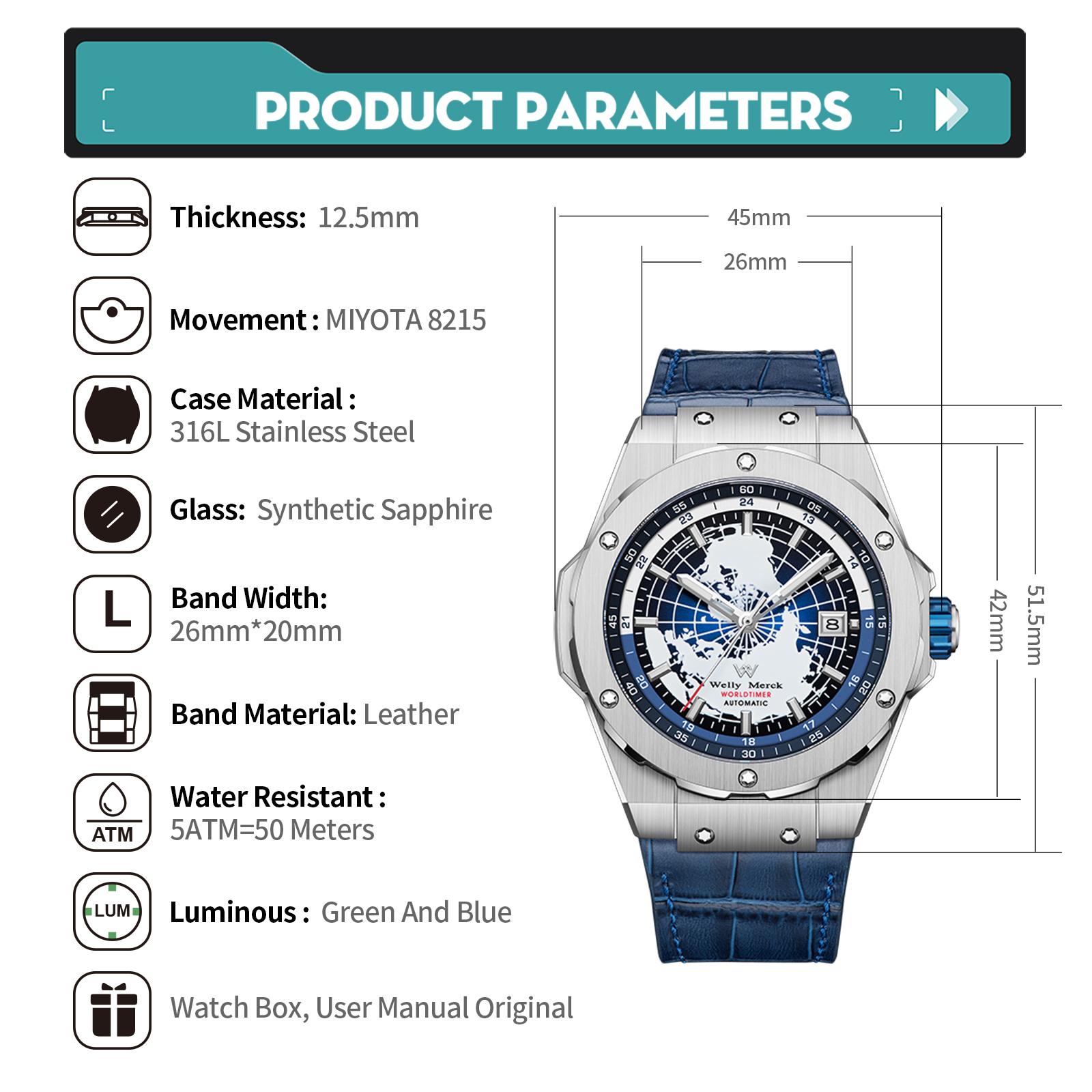 WM124 High Quality End Luxury Men Watches reloj hombre Business Automatic Mechanical Wrist Watches For Man