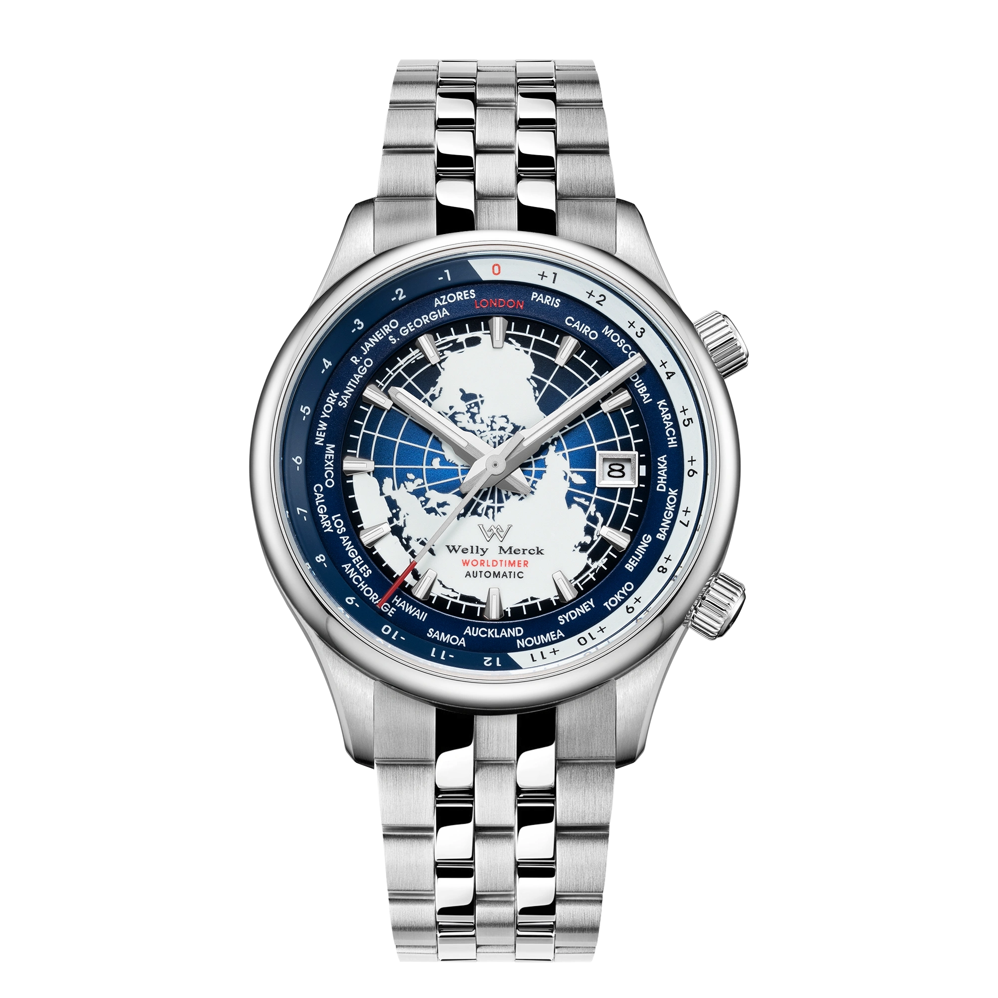 Welly Merck 腕時計 メンズ　ブルー　ブラック World Time Business Series Automatic Watch·steel strap