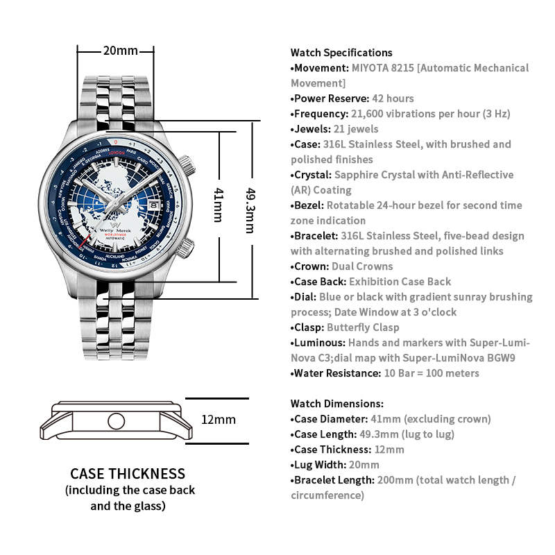 WM057 Worldtimer 41mm MIYOTA8215 Watch 10Bar Men's Automatic Watch