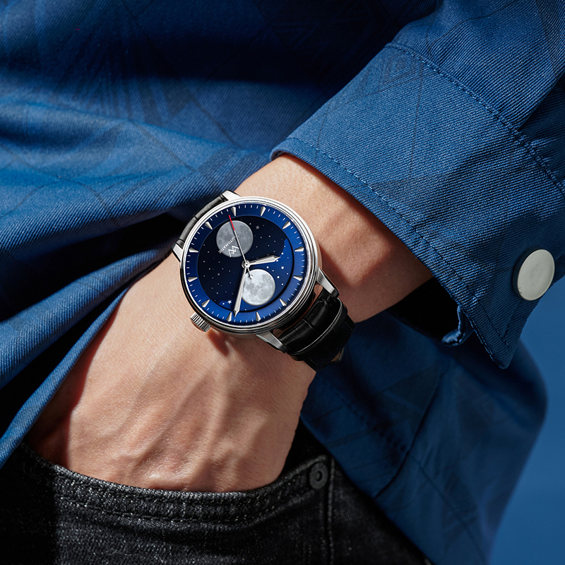 WM142 Moonphase Watch 41mm 7200A Modified Movement 5Bar Twin Moons  Men's Automatic Mechanical Watch