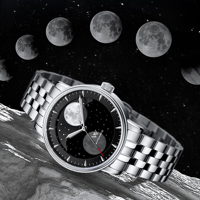 WM142 Moonphase Watch 41mm 7200A Modified Movement 5Bar Twin Moons  Men's Automatic Mechanical Watch