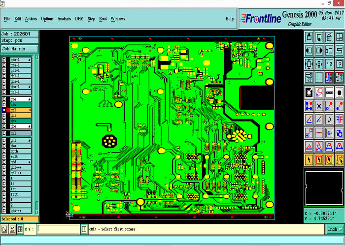 Our company's Genesis2000 software interface for analyzing customer PCB designs