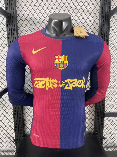 2025/26 Barcelona Home Barça x Spotify x Travis Scott Player Version Long Sleeve Jersey 