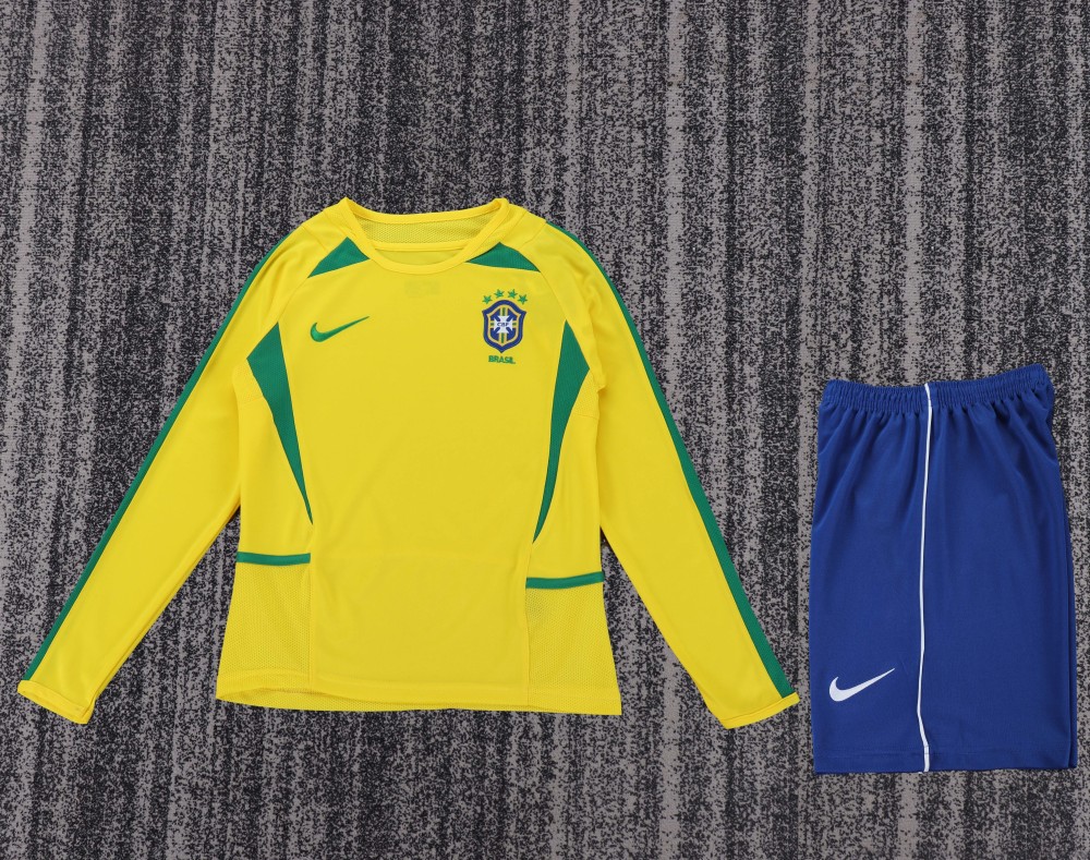 2002 World Cup Brazil Home Retro Kids Jersey Long Sleeve
