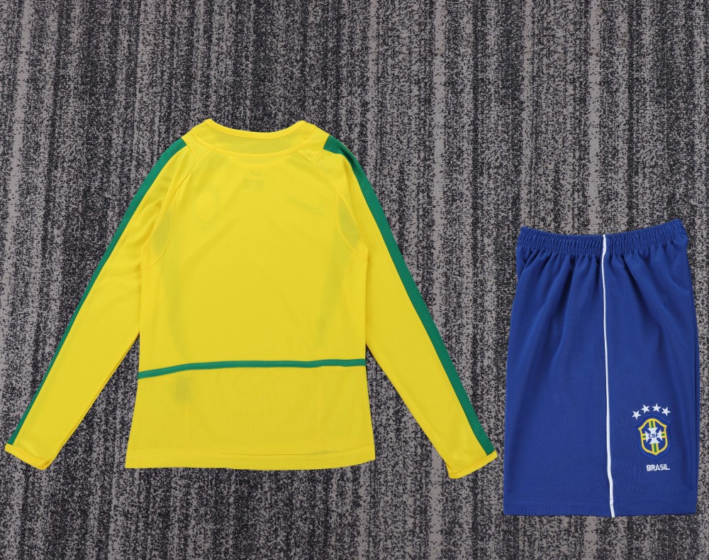 2002 World Cup Brazil Home Retro Kids Jersey Long Sleeve