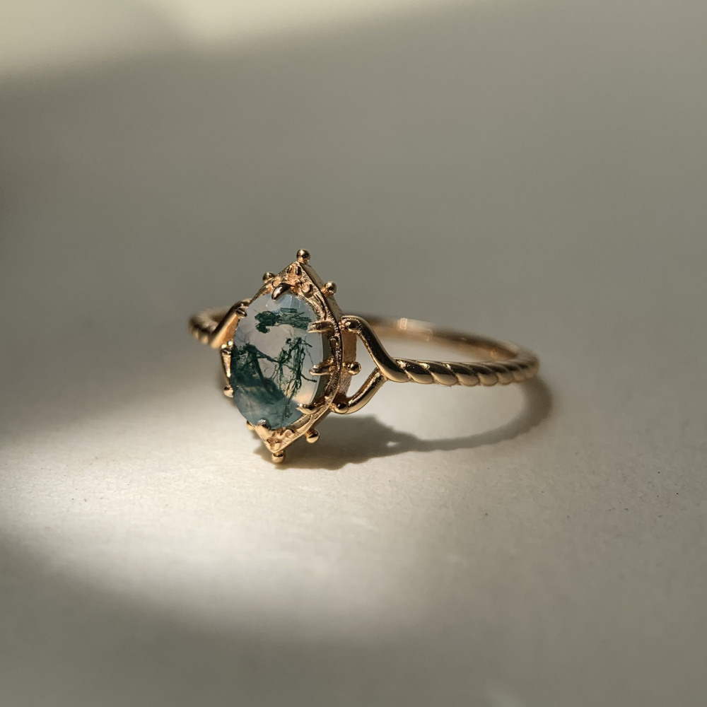 Natural Moss Agate Engagement Ring Vintage Unique 925 Sterling Silver Gold Solitaire Rings Promise Anniversary Jewelry for Women