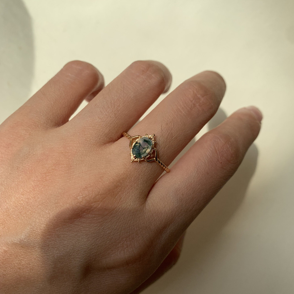 Natural Moss Agate Engagement Ring Vintage Unique 925 Sterling Silver Gold Solitaire Rings Promise Anniversary Jewelry for Women