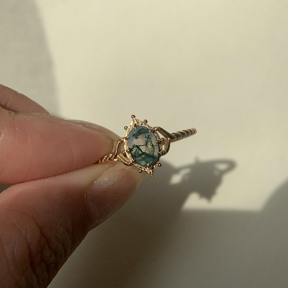 Natural Moss Agate Engagement Ring Vintage Unique 925 Sterling Silver Gold Solitaire Rings Promise Anniversary Jewelry for Women