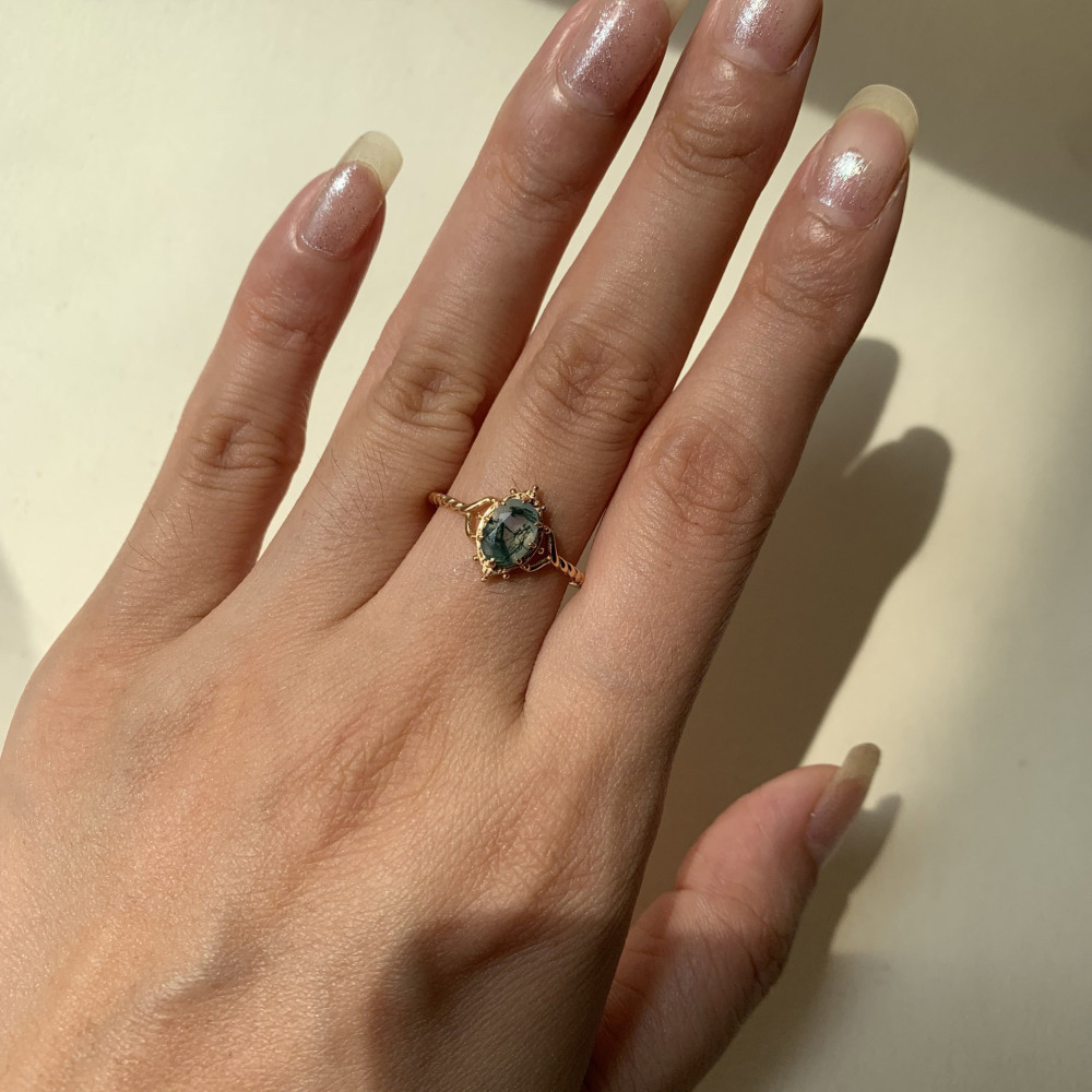 Natural Moss Agate Engagement Ring Vintage Unique 925 Sterling Silver Gold Solitaire Rings Promise Anniversary Jewelry for Women