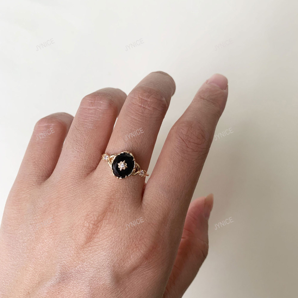 Vintage Black Onyx Engagement Ring Gold Art Deco Promise Ring Sterling Silver Unique Oval Agate Gems Statement Rings Anniversary Jewelry