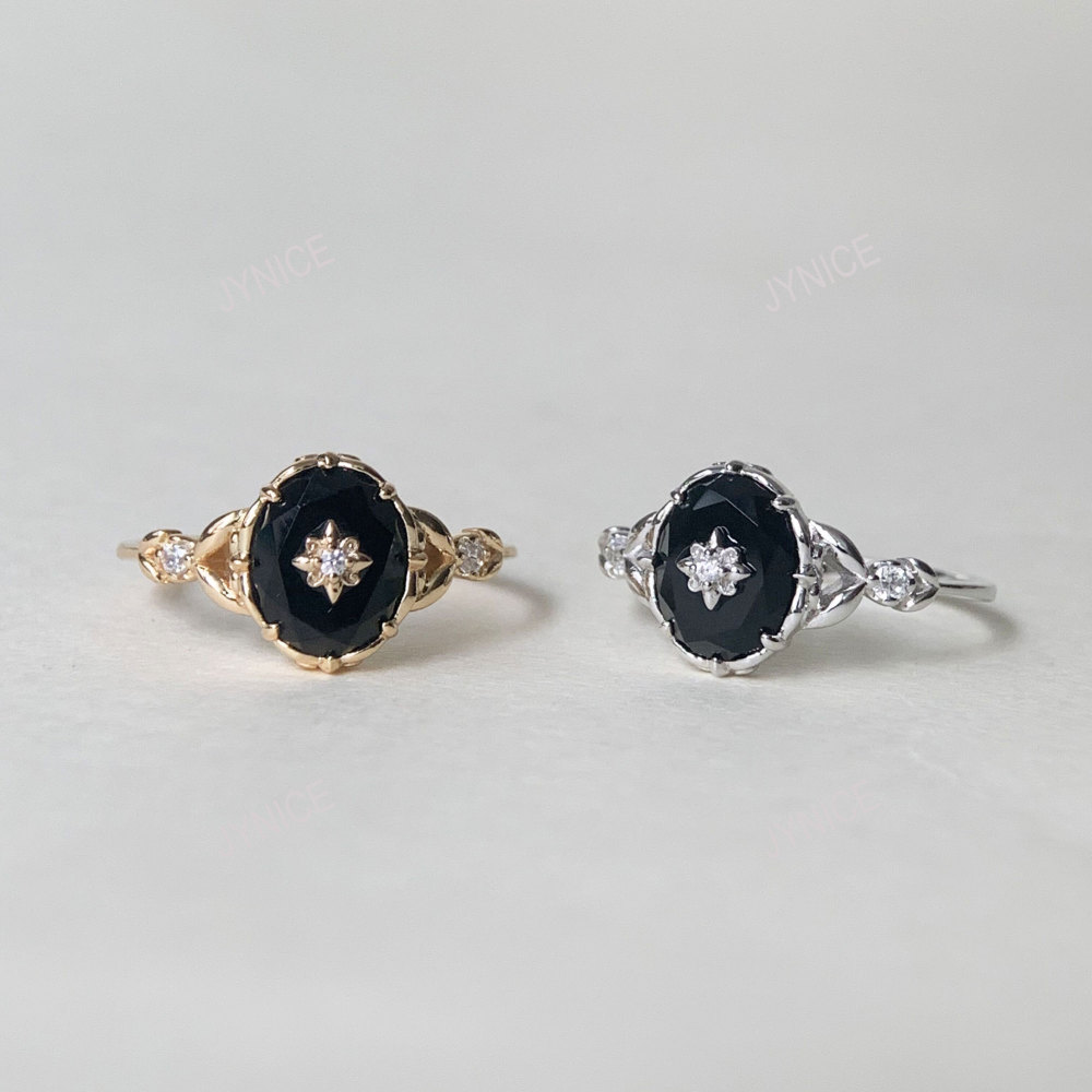 Vintage Black Onyx Engagement Ring Gold Art Deco Promise Ring Sterling Silver Unique Oval Agate Gems Statement Rings Anniversary Jewelry