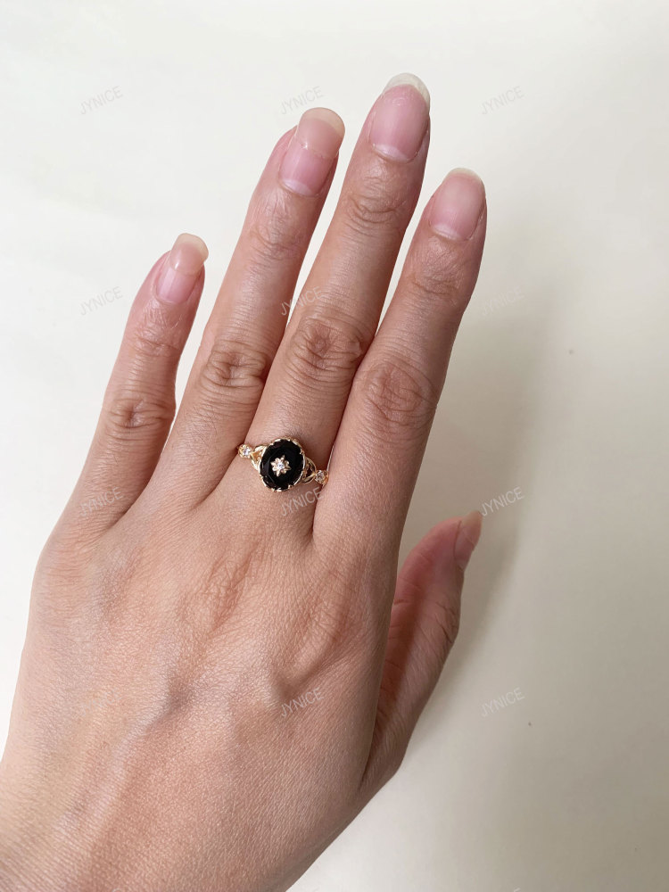 Vintage Black Onyx Engagement Ring Gold Art Deco Promise Ring Sterling Silver Unique Oval Agate Gems Statement Rings Anniversary Jewelry