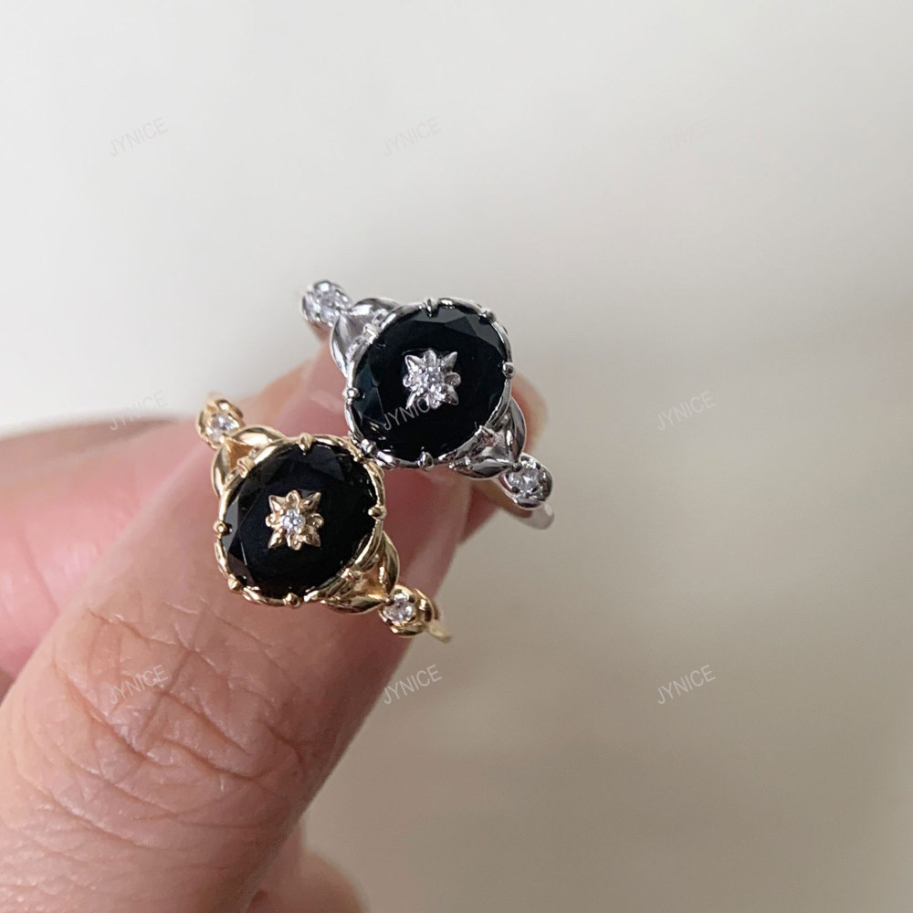 Vintage Black Onyx Engagement Ring Gold Art Deco Promise Ring Sterling Silver Unique Oval Agate Gems Statement Rings Anniversary Jewelry