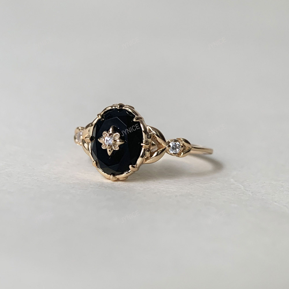 Vintage Black Onyx Engagement Ring Gold Art Deco Promise Ring Sterling Silver Unique Oval Agate Gems Statement Rings Anniversary Jewelry