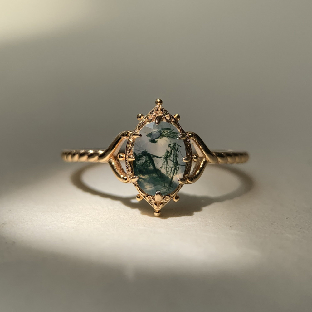 Natural Moss Agate Engagement Ring Vintage Unique 925 Sterling Silver Gold Solitaire Rings Promise Anniversary Jewelry for Women